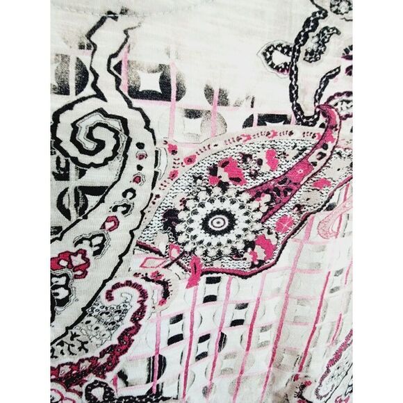 Chico's 1 Tan Paisley Top Pink Maroon L/S Round Neck Stretch Medium‎ Cotton Blnd - Picture 3 of 6
